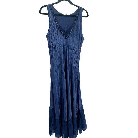 KOMAROV Women's Navy Beaded Charmeuse & Chiffon Tiered Midi Dress Size L NWT - Picture 4 of 13